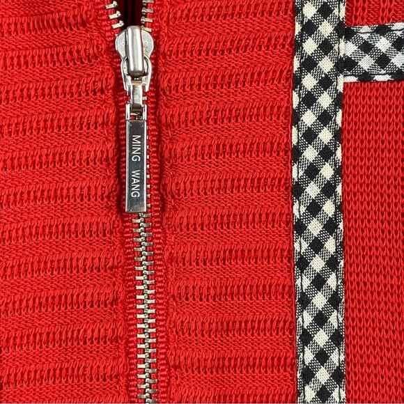 Ming Wang Poppy Red Gingham Trim Zip Front Long Sweater Jacket Womens S new nwt - Picture 5 of 16